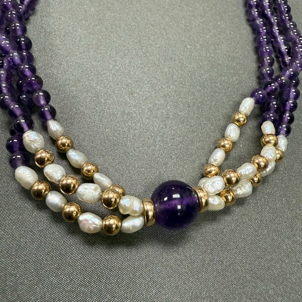 14 karat yellow gold amethyst, pearls and gold beads
